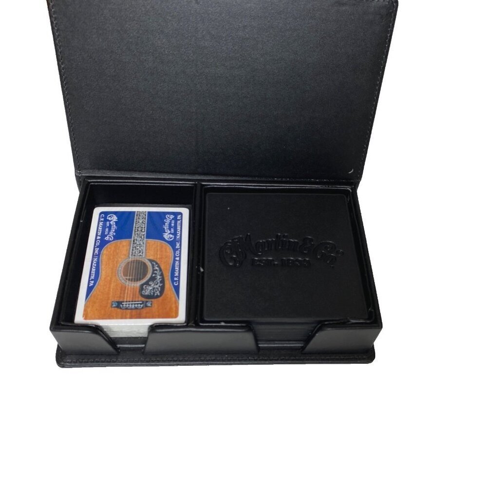 Martin Guitar Leather Coaster and Playing Card Set Black Carrying Case